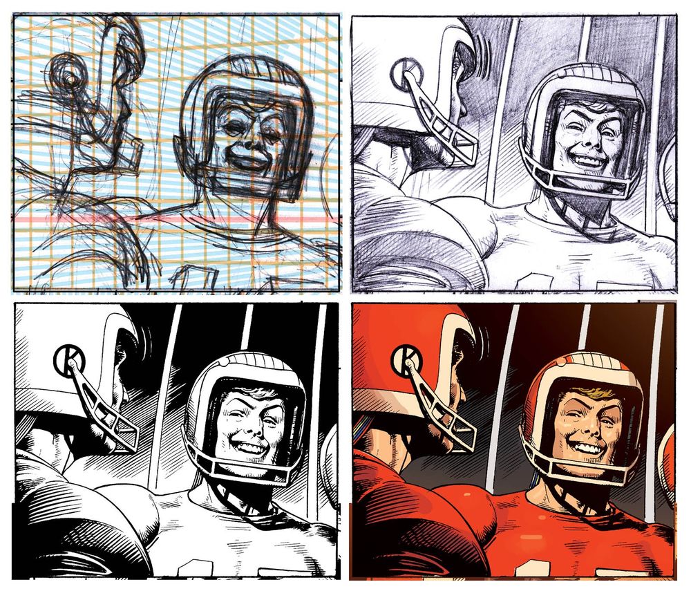 Four process shots of a comic book panel at different stages of development. The panel features two sports stars in helmets and padded jerseys. One is smiling while the other is reacting in shock.