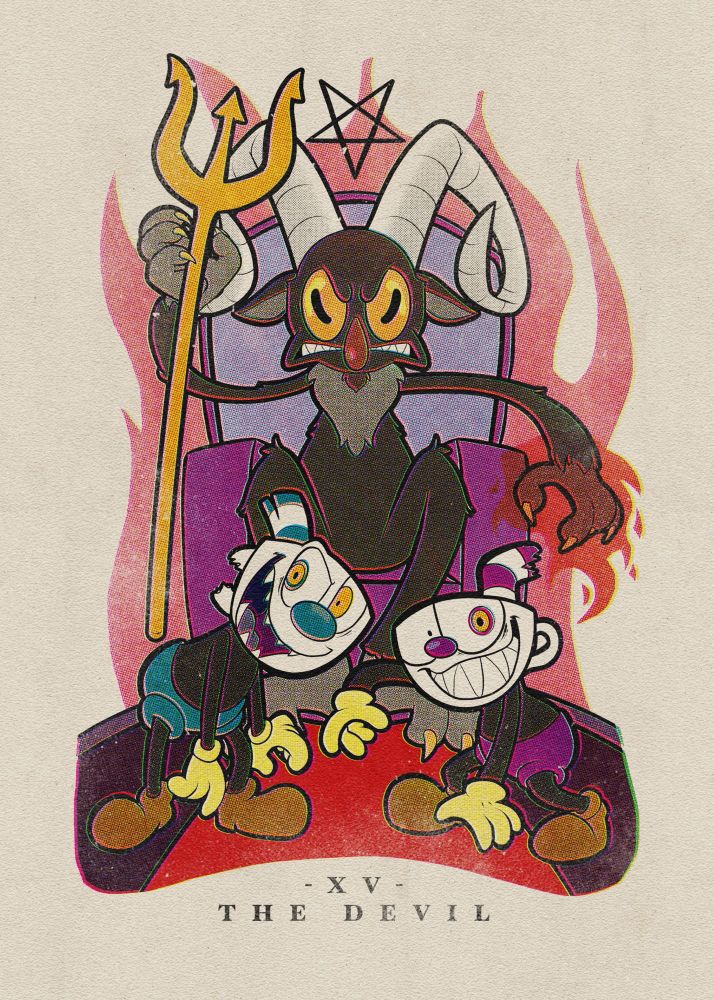 A tarot card style illustration featuring Cuphead, Mugman, and The Devil from the Cuphead game series. The devil is sitting on a throne, one hand on fire and the other hand holding his trident. His eyes have slit pupils like a goat. Cuphead and Mugman are crouched in front of him staring at the camera with wicked smiles, their looks similar to their Bad Ending design, with their heads partially chipped and sharp teeth.