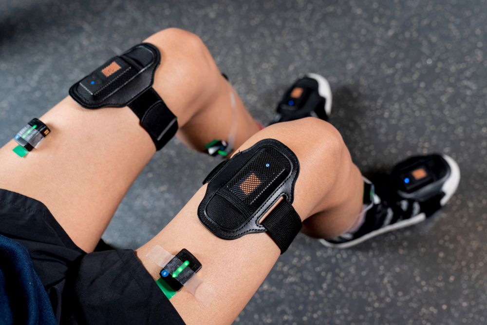 A research participant wears two types sensors on their legs. Smaller EMG sensors measure muscle electrical activity and are placed on each thigh, calf, and shin. Larger IMU sensors measure the limb's position in space and are placed just above each knee and on top of the each foot. The image is taken at the Seáñez biomedical engineering lab at Washington University in St. Louis.