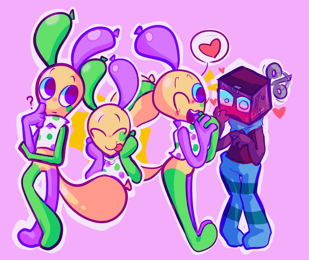 Art of Looey from Dandys world on a pink background showing him doing various poses, with Boxten appearing aswell 