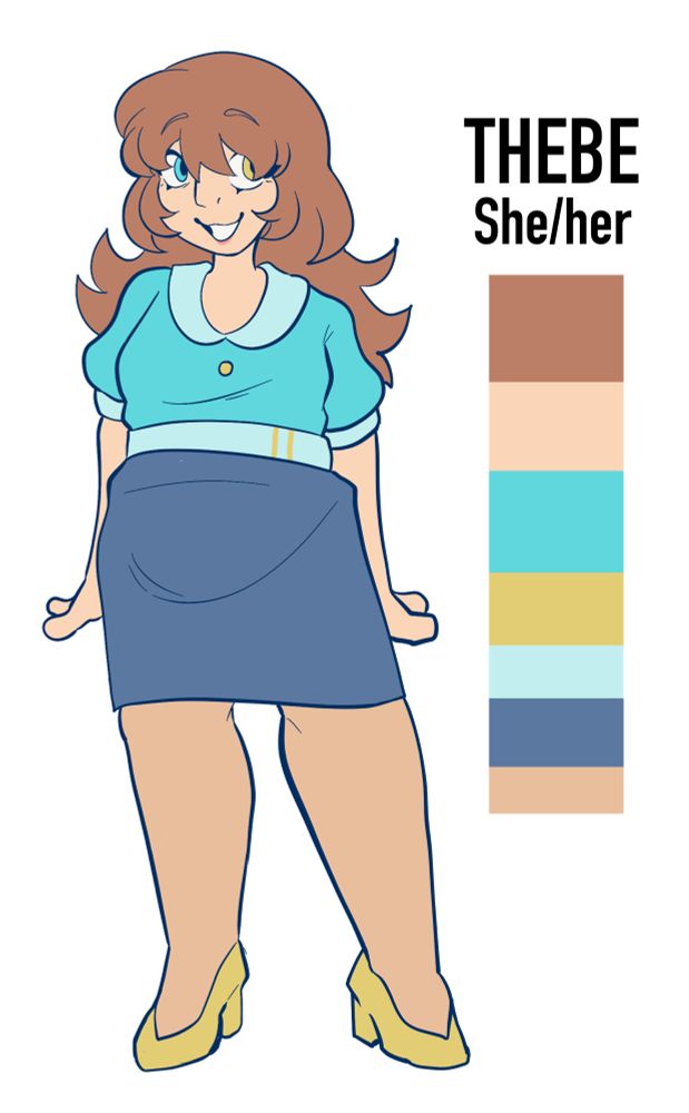 “Thebe, she/her” A ref sheet of a woman with light brown hair, blue clothes and heterochromia 
