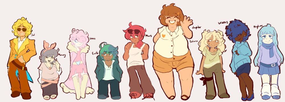 A lineup of characters on a grey background, showing from left to right “Sol, Mercury, Venus, Earth, Mars, Jupiter, Saturn, Uranus, and Neptune”.