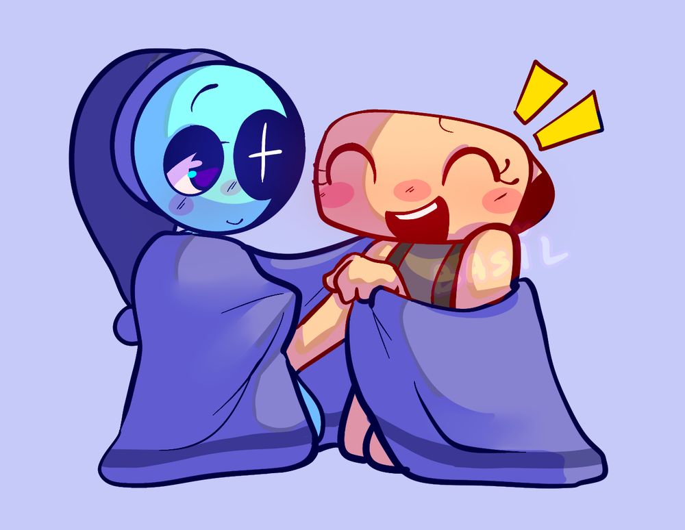 digital art of astro and shelly from dandy’s world sitting with a blanket around them