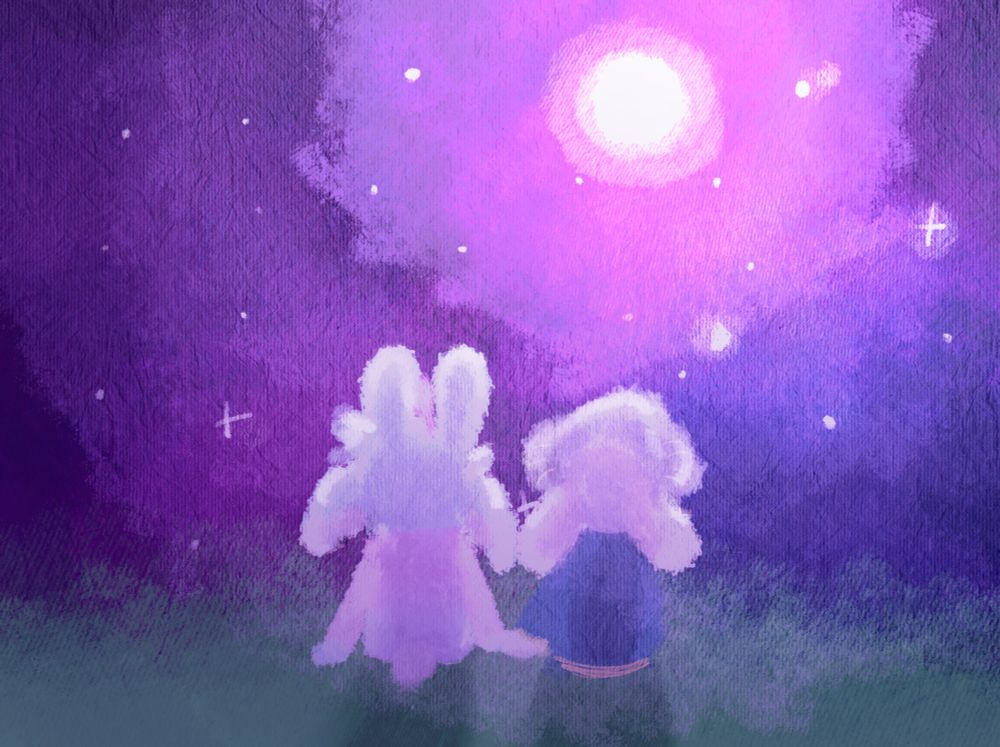 A digital drawing of two characters sitting on the grass in front of a bright night sky
