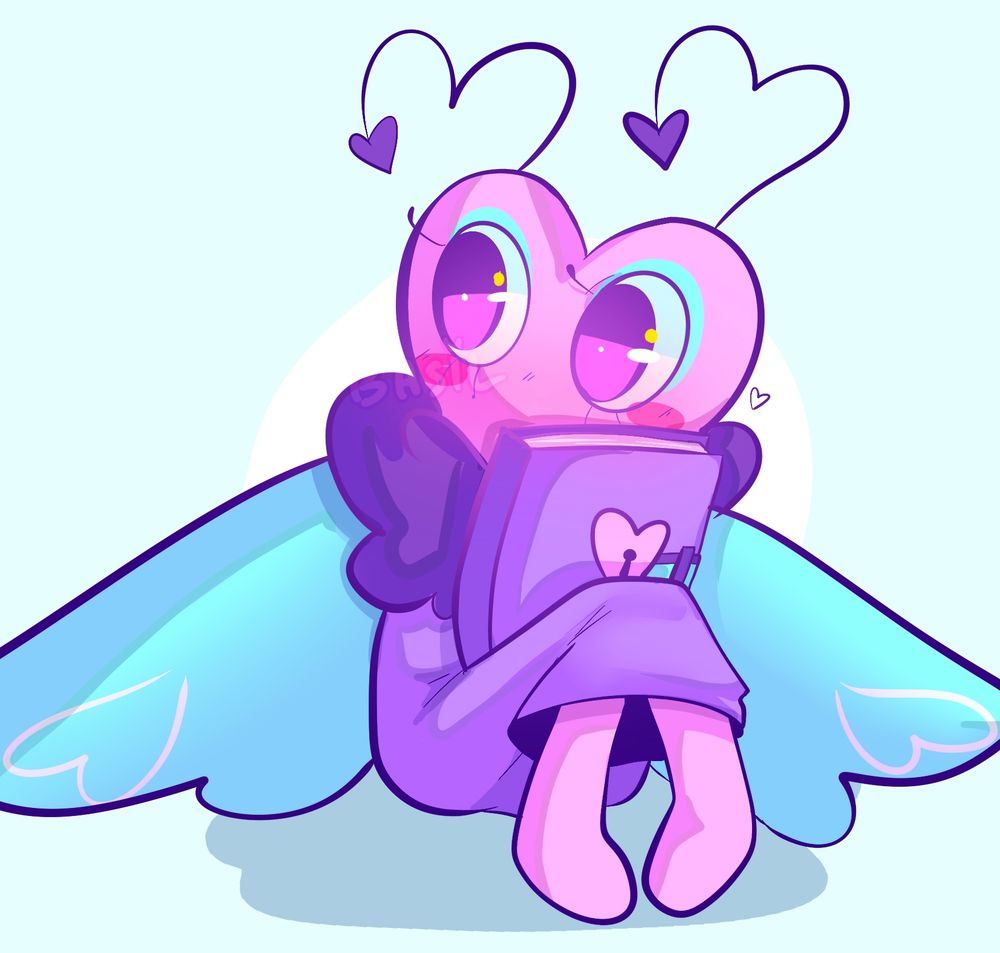 digital art of flutter from dandy’s world sitting with her diary in her lap