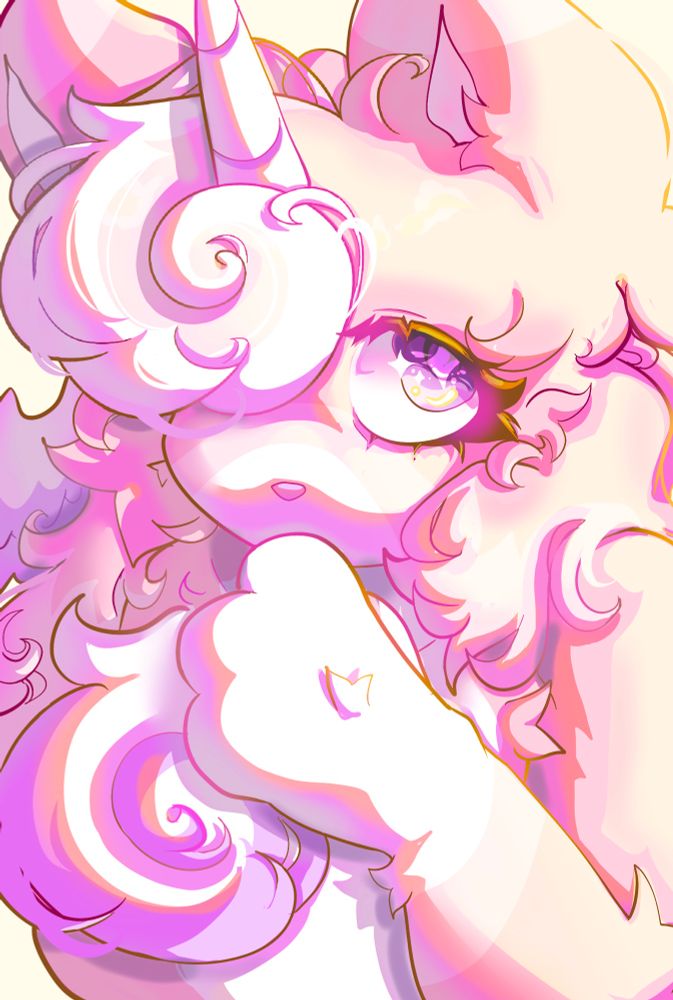 Shaded bust art of a pink, white and purple furry character
