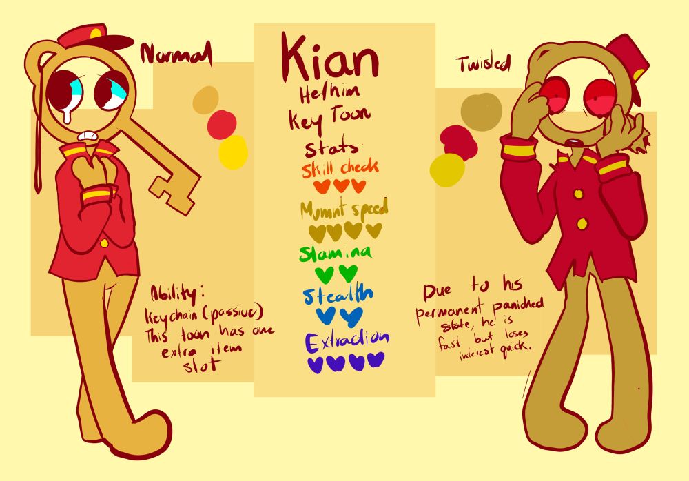 A reference sheet showing a gold key oc named Kian, with red attire. Text reads “Ability: Keychain (passive) This toon has one extra item slot” and “Due to his permanent panicked state, he is fast but loses interest quick”