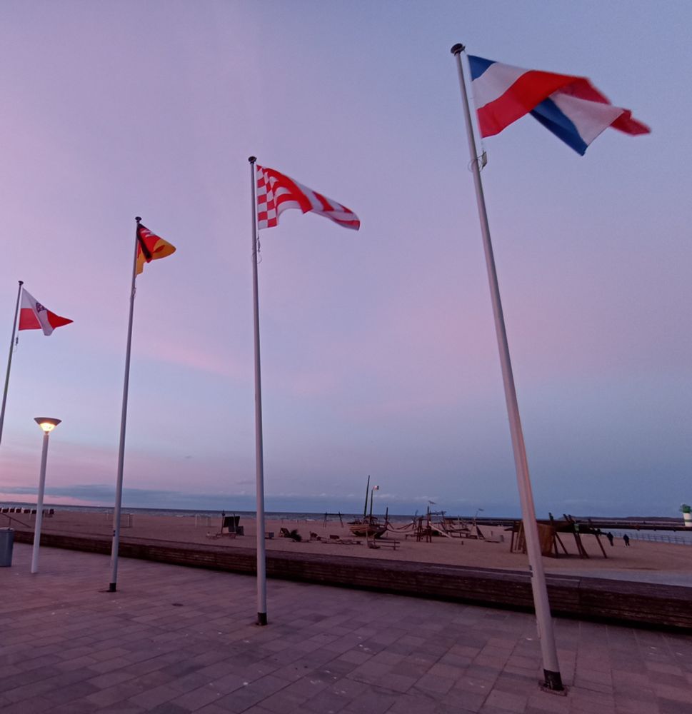 vier Fahnen am Mast, etwas Strand, blau-rosa Himmel 