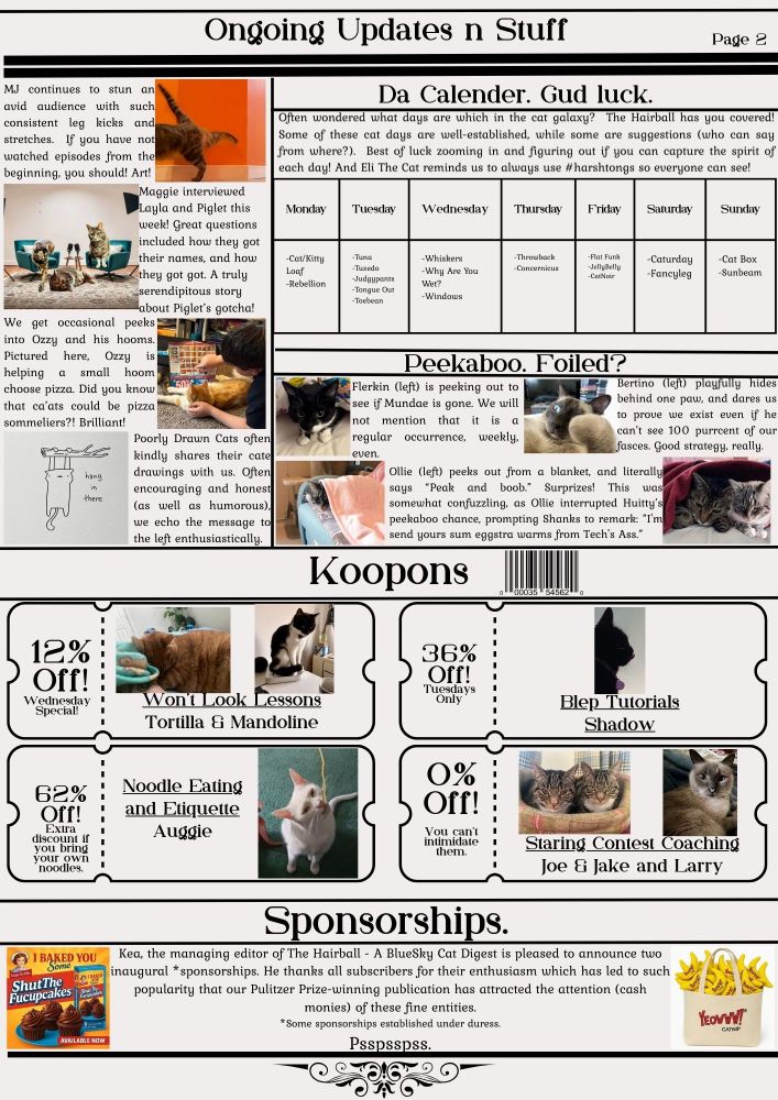 The Hairball - a BlueSky Cat Digest: a newspaper recounting BlueSky cat shenanigans in recent times. Page 2