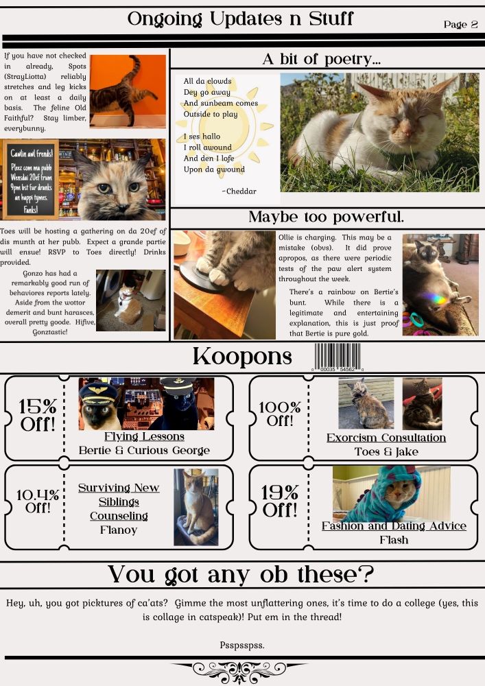 Breaking Mews, The Hairball - a BlueSky Cat Digest, featuring the goings on of BlueSky cats in recent times. Page 2.