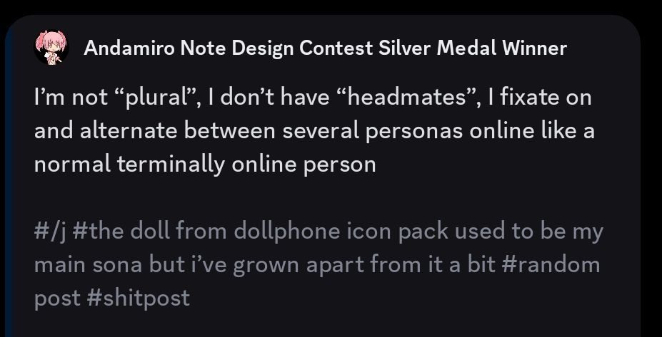 I’m not “plural”, I don’t have “headmates”, I fixate on and alternate between several personas online like a normal terminally online person #/j #the doll from dollphone icon pack used to be my main sona but i’ve grown apart from it a bit #random post #shitpost