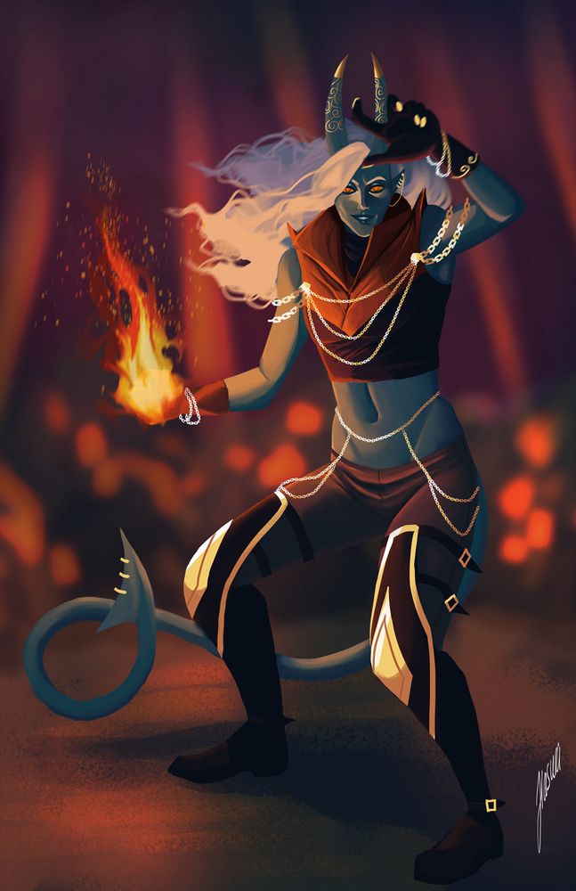 A blue-turquoise tiefling with fire in his hand looking menacingly at the viewer, burning bushes in the background.