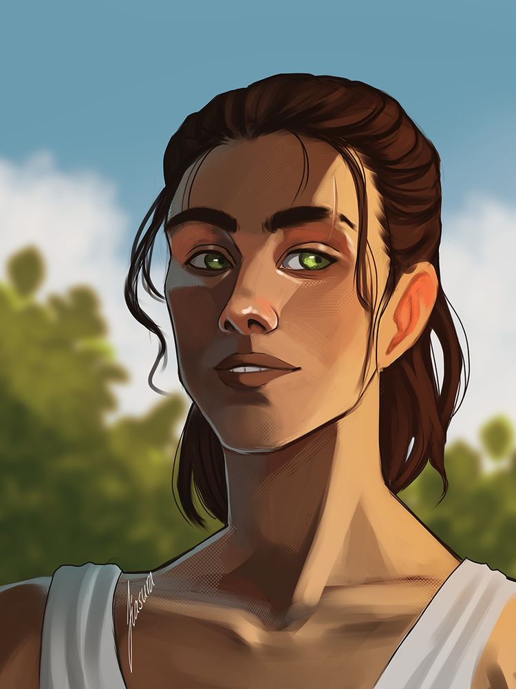 A young human man with green eyes and brown hair, wearing a white tank top