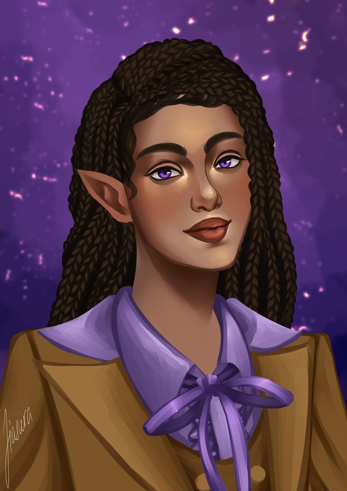A half-elven woman with braided dark brown hair and violet eyes
