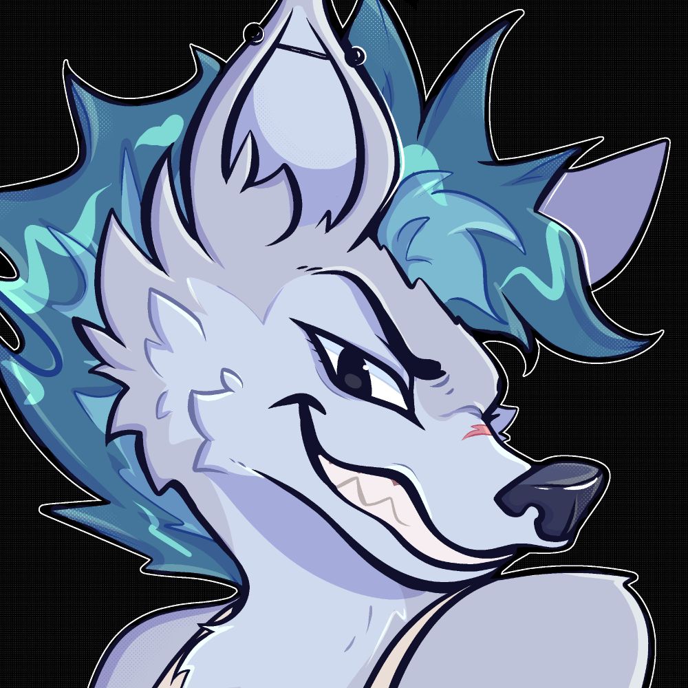 digital headshot drawing of a smiling anthro wolf with a teal mohawk