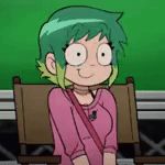 a cartoon girl with green hair and glasses is sitting in a chair and smiling .