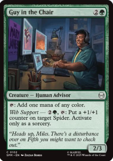 Magic the Gathering card “Guy in the Chair”, with art of Ganke Lee seated in front of computer monitors