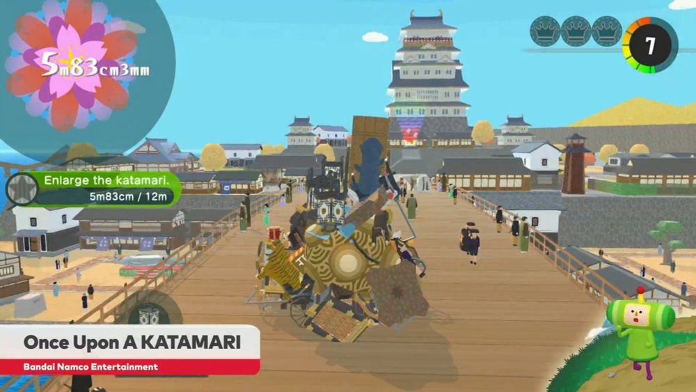 Screenshot of Once Upon a Katamari: The Prince is rolling a katamari through a old Japanese town