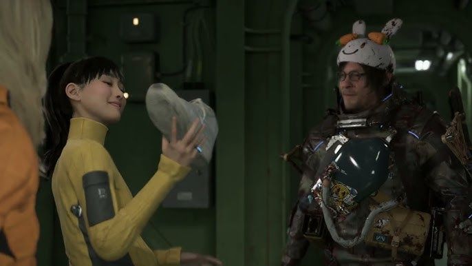 Death Stranding 2: Rainy is holding up a shoe to Sam