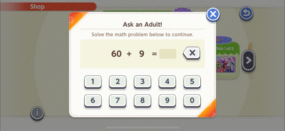 Pokémon Friends store screen: “Ask an adult! Solve the math problem below to continue: 60 + 9 = ??”