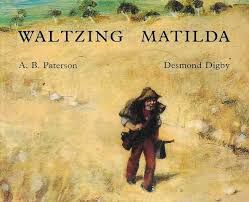 Book cover for Waltzing Matilda, featuring a man carrying his swag