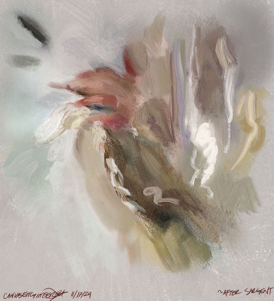 A woman's hand is draped over by an Impressionistically drawn silky golden veil. Her hand rests on her white silk dress which merges with the background of the canvas.