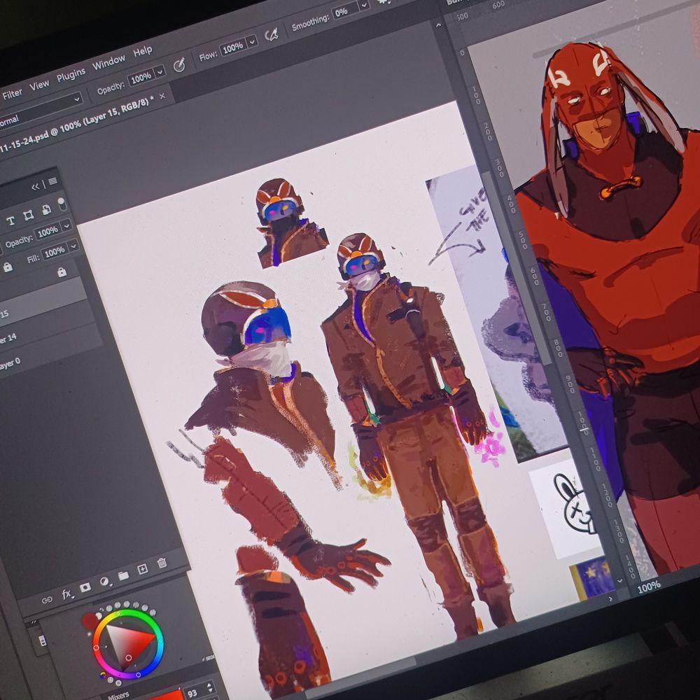 A character in profile view wearing a jacket and some slim fit pants. The palette js warm and he dawns a helmet with a blue visor and bunny ears on the front. His face is shrouded by a white bandana. His hands are surrounded by an aura of yellow and violet magic indicating different abilities for each. His eyes mimic these colors and show through the visor. 