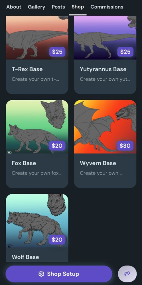 A picture of my Kofi shop showing the 5 available bases, a trex, a yutyrannus, a fox, a wyvern and a wolf.