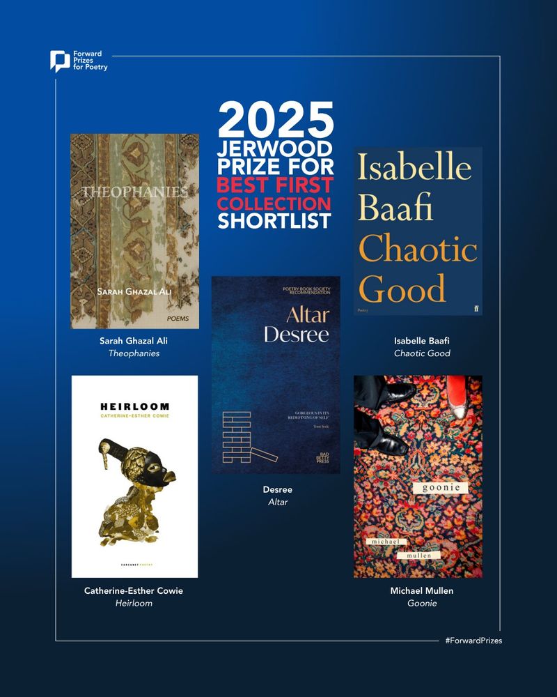 Picture containing the five covers of the shortlisted books for the 2025 Jerwood Prize