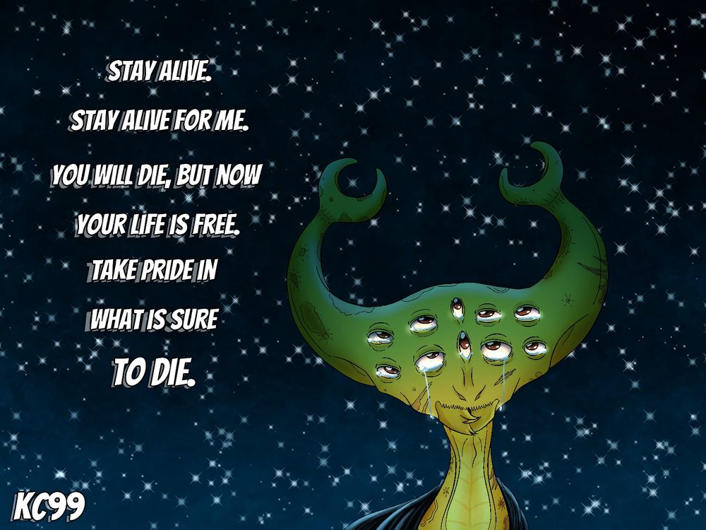 So Wayne, spreading, horribly adrift, considers the stone below the noisome fate-ray. 

(or I could imagine him resting on a chunk of what was left of the moon, hoping everyone was able to escape what Gibby did after he defeated him in his old Wayne form).