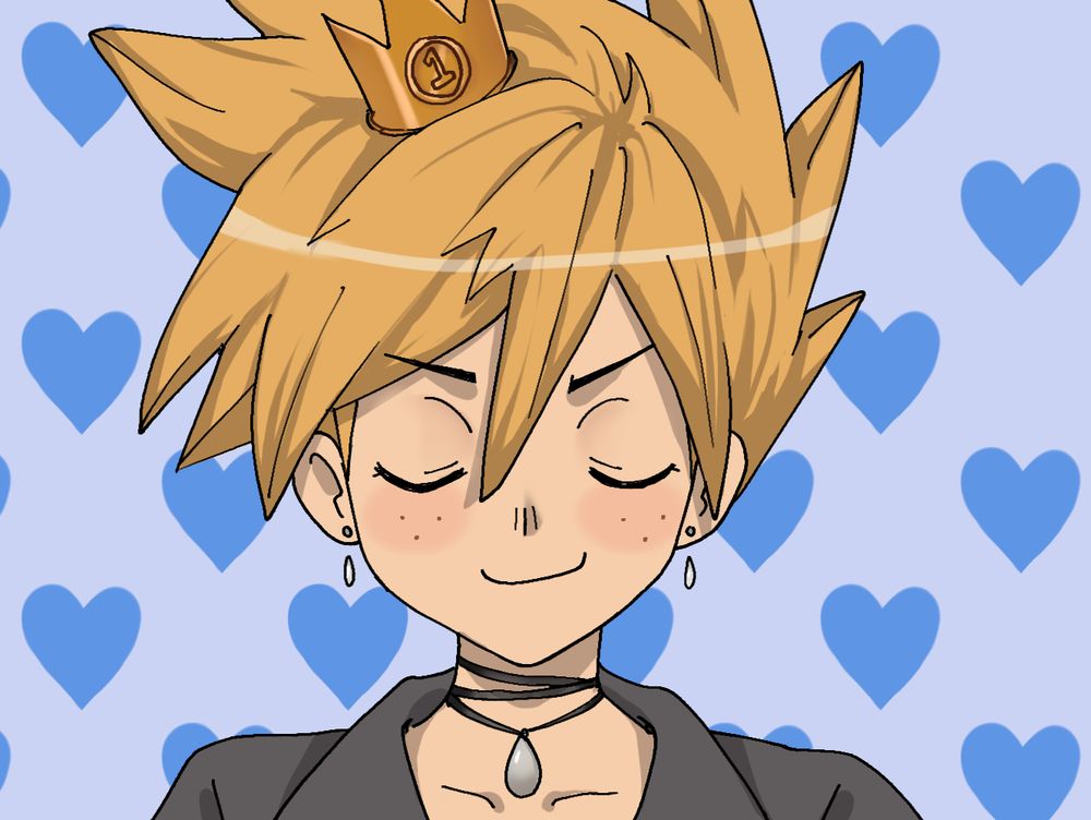 Close up of Blue wearing a crown with "1" engraved on it, a fancier necklace, and drop earrings, smirking.