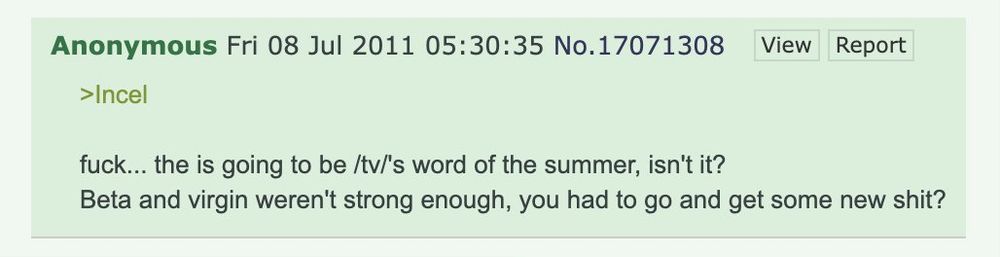 anonymous 4chan post from July 8th 2011 complaining about how, because "'beta' and 'virgin' weren't strong enough" for them, now "incel" (whatever that's supposed to mean) is going to be "/tv/'s word of the summer"