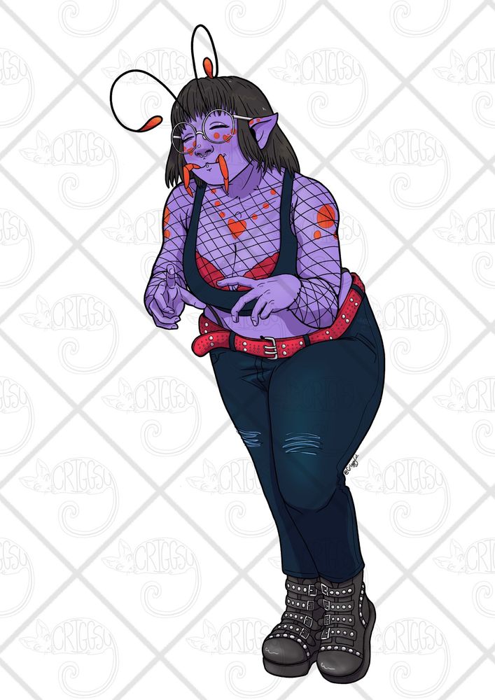 Full body of Ketapillar, she is slightly bent over making t-rex arms with a cute :3 or cat-like face