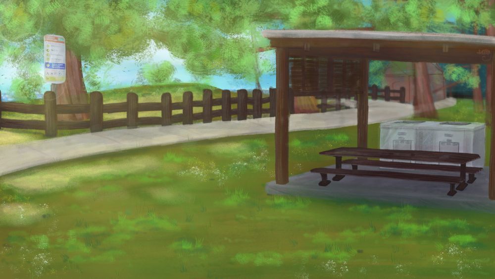A painterly style rendition of an Australian beach-side park barbeque space.