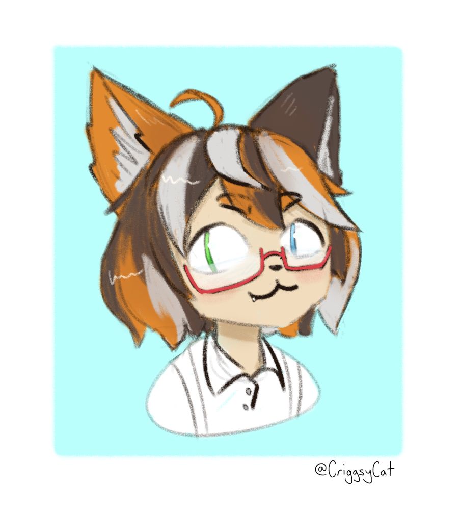 A sketch of a calico cat girl. She has slitted eyes - one green one blue - and a 3 shaped mouth denoted cheekiness. She has rectangular red glasses.