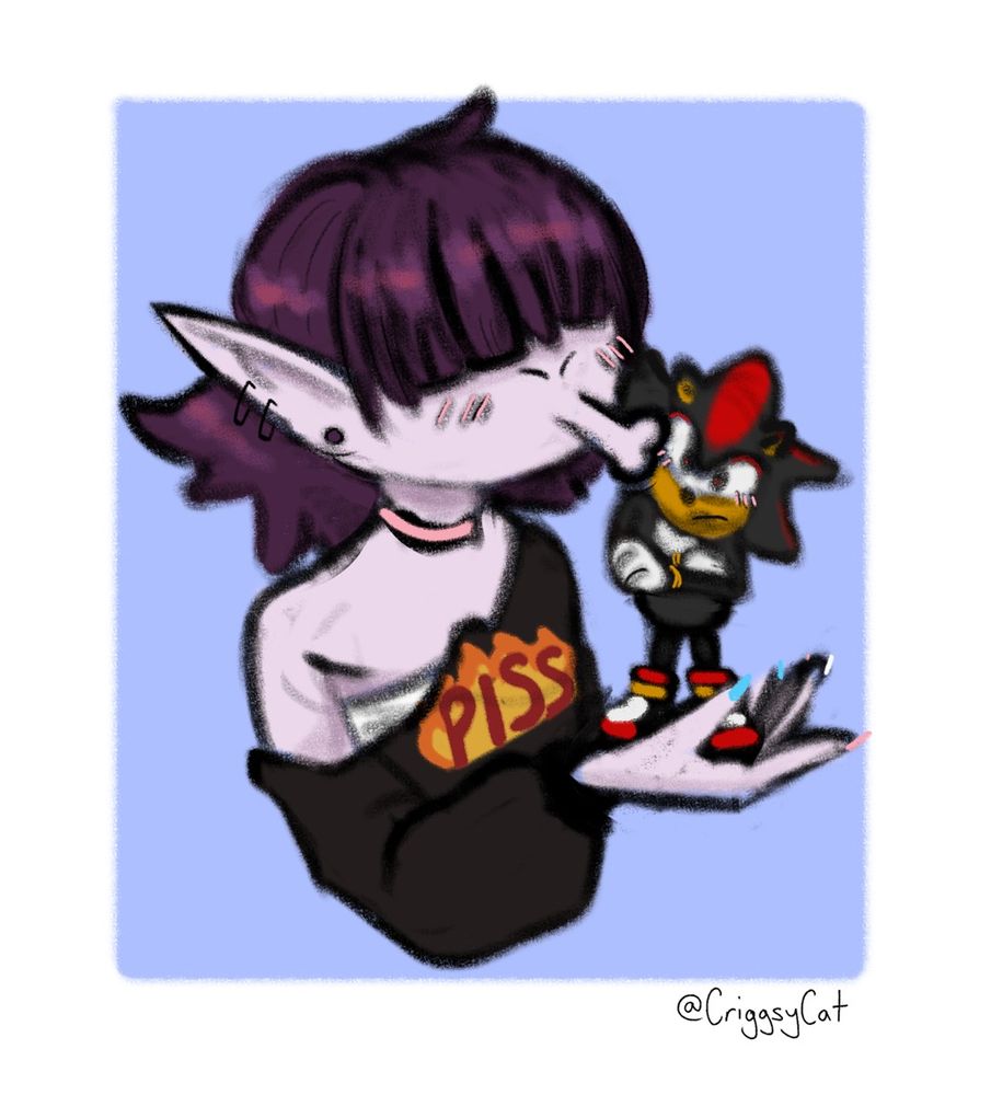 A portrait of WibbleDibbleBibble (on twitch) giving Shadow the Hedgehog a little smooch on the cheek