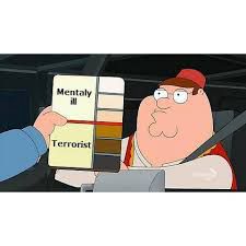 Colour chart held up to suspect 
man’s face - all white skin tones are Classified “mentally ill” and brown skin tones are classified “terrorist”