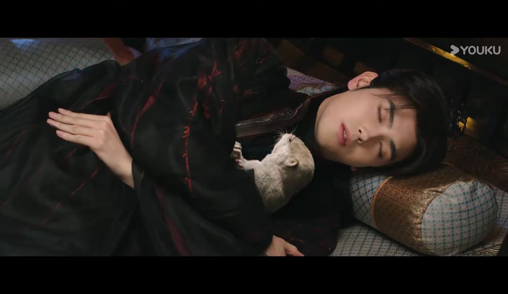 A still from the Chinese drama #WhenDestinyBringstheDemon showing a man asleep snuggling an otter. 