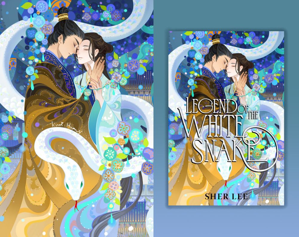 Book Cover of Legend of the White Snake features two men standing next to each other with their foreheads touching. One man has his hand on the other man's neck, and that man is touching his hand. A white snake wraps around them.