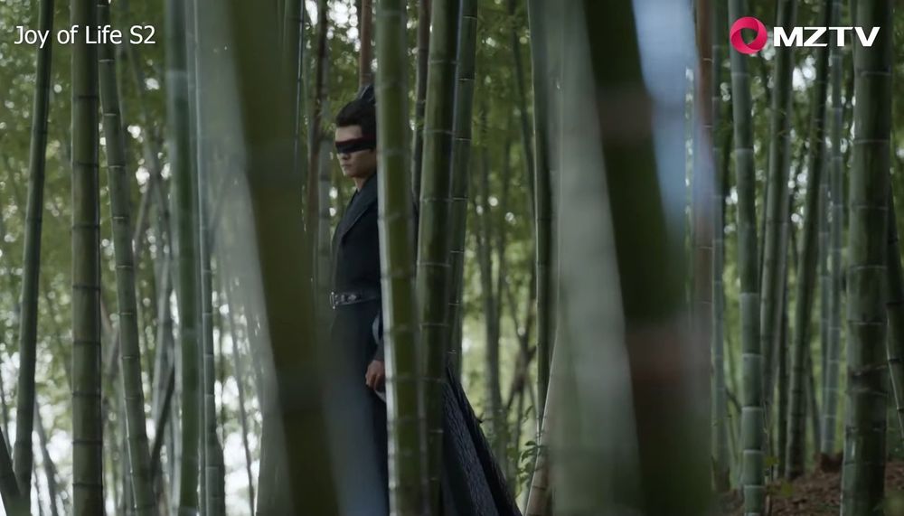 A still from the Chinese drama #JoyofLife2 showing a man standing in a bamboo forest and wearing a blindfold over his eyes. 