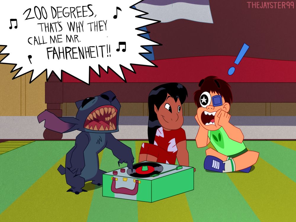 Elio is mesmerized by Stitch's unique ability to be used as a record player. Lilo can only watch in amusement.
