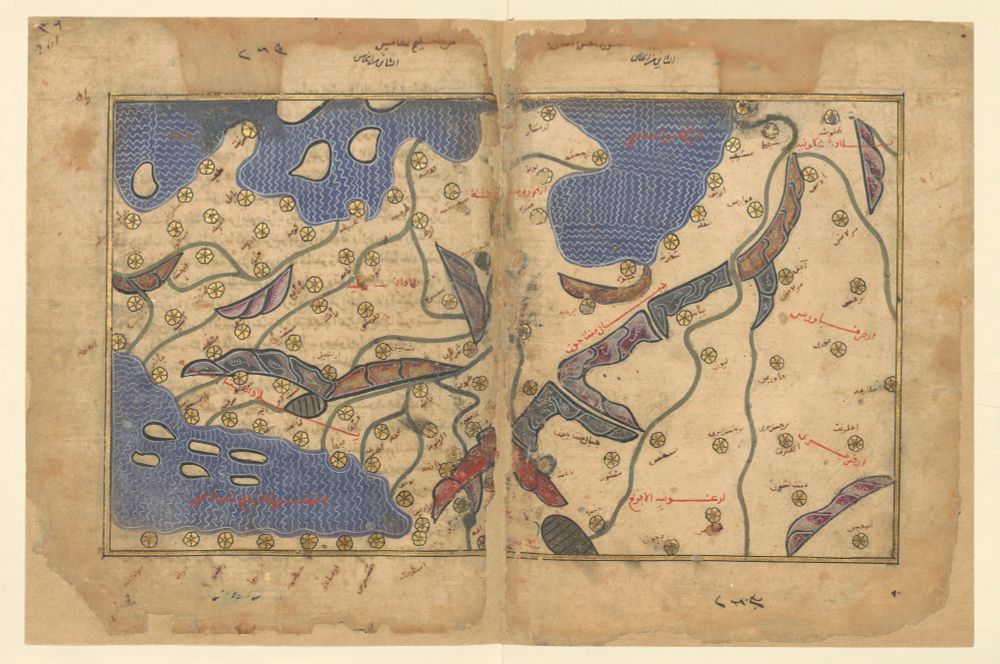 manuscript showing a sectional map from al-Idrisi. It is worn in the middle with some water damage near the top. The map has a gold border with notes in Arabic in red and black ink around the margins. Within the border are two bodies of water in blue with light blue waves. Rivers cross the land in lines of blue. Land is not colored except mountains, in green, burnt orange, pink, & red. Arabic text in red identifies seas and regions; cities are noted in black. The map shows the south and east of France from Toulouse (top right) to Burgundy (bottom right), separated by the Alps from northern and central Italy, located between the Mediterranean (top) and Adriatic (bottom) Seas.