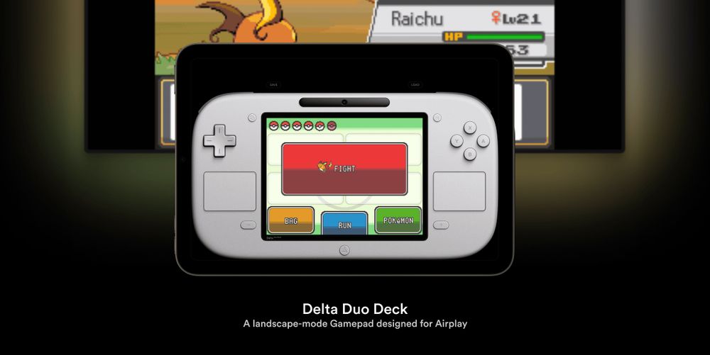 Marketing image showing Delta Duo Deck on iPad playing Pokémon SacredGold across two screens. 