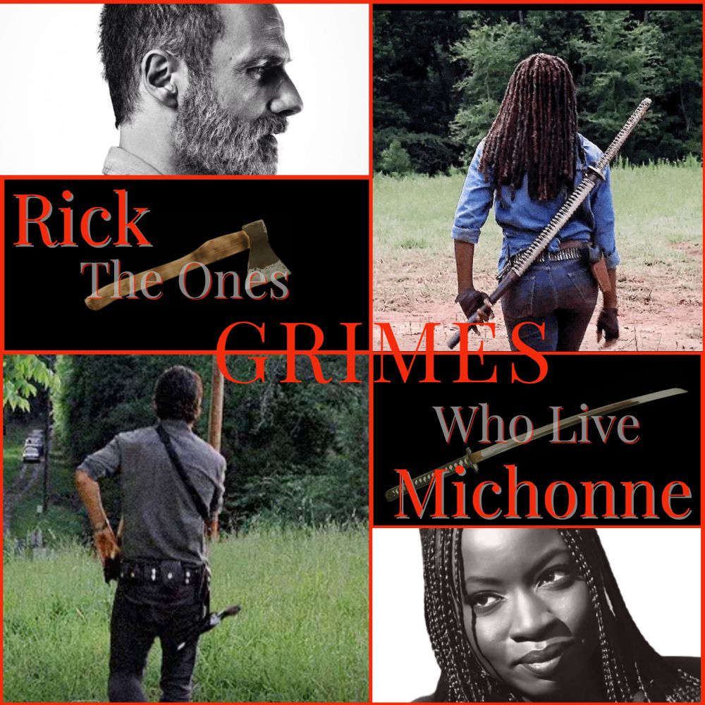4 photos: 1 each of Rick and Michonne walking away. 1 each of Rick and Michonne portraits. 
“Rick and Michonne Grimes”
“The Ones Who Live”