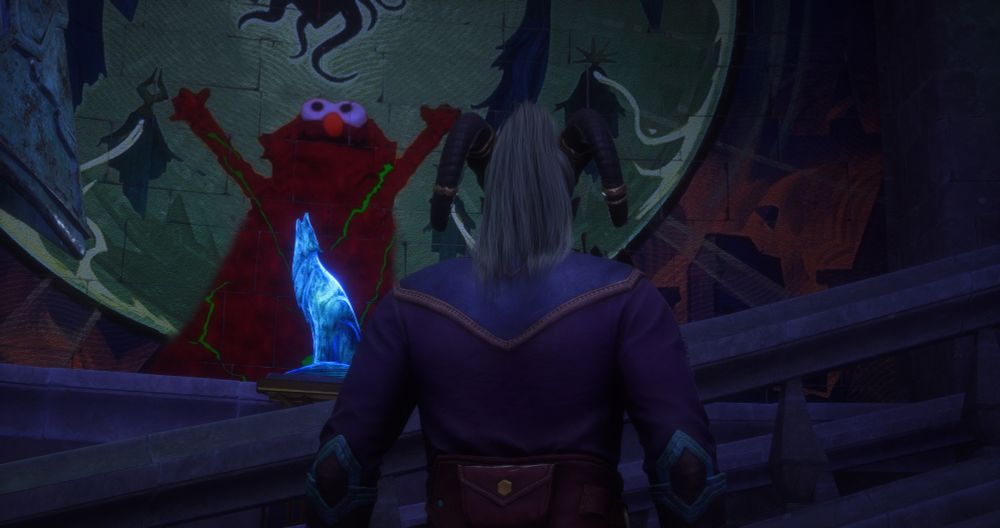 Closeup view of the mural with a qunari Rook looking at it.