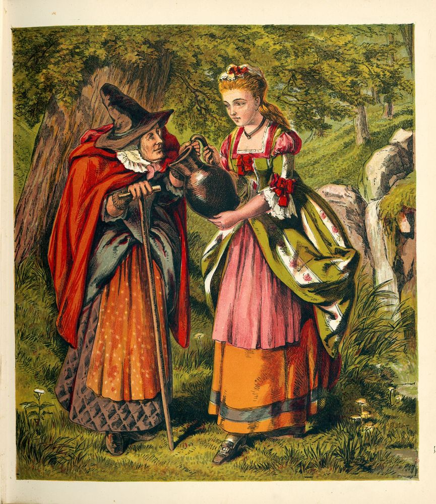 Art from Aunt Louisa's Nursery Favourite by Laura Valentine (1870)
A young woman helps an old woman pull water from the well.