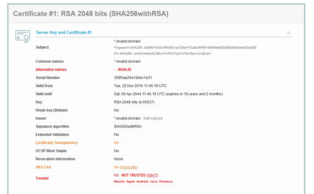 Certificate #1: RSA 2048 bits (SHA256withRSA)
Server Key and Certificate #1
Subject 	*.invalid.domain
Fingerprint SHA256: be9061fc1eb19535b1ca728a413ba824f45f16d569a0002593a9b0beb03ab285
Pin SHA256: JdmZVtHaDyfA/2BvLFhXPzU7joz7nTeVGauYd+QjYpI= 
Common names 	*.invalid.domain
Alternative names 	-   INVALID
Serial Number 	0095ae26e1d0ec1e31
Valid from 	Tue, 22 Nov 2016 11:46:19 UTC
Valid until 	Sat, 09 Apr 2044 11:46:19 UTC (expires in 19 years and 2 months)
Key 	RSA 2048 bits (e 65537)
Weak key (Debian) 	No
Issuer 	*.invalid.domain   Self-signed
Signature algorithm 	SHA256withRSA
Extended Validation 	No
Certificate Transparency 	No
OCSP Must Staple 	No
Revocation information 	None
DNS CAA 	No (more info)
Trusted?
Mozilla  	No   NOT TRUSTED
Apple  	No   NOT TRUSTED
Android  	No   NOT TRUSTED
Java  	No   NOT TRUSTED
Microsoft  	No   NOT TRUSTED