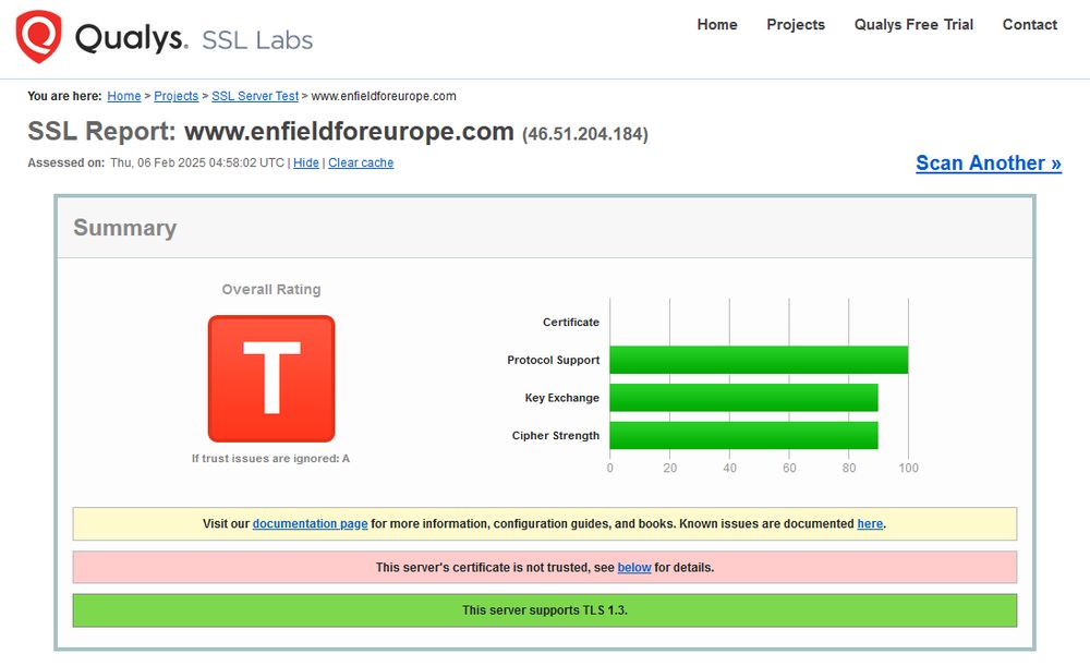 Qualys SSL Labs (https://www.ssllabs.com/ssltest/analyze.html?d=www.enfieldforeurope.com)

 You are here:  Home > Projects > SSL Server Test > 
SSL Report: www.enfieldforeurope.com (46.51.204.184)
Assessed on:  Thu, 06 Feb 2025 04:58:02 UTC
Summary
Overall Rating: T (could be A)
Certificate: 0
Protocol Support: 100
Key Exchange: 90
Cipher Strength: 90
This server's certificate is not trusted (self-signed certificate)
This server supports TLS 1.3. 