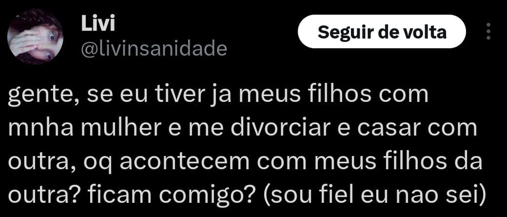 Gente, se eu tiver ja meus filhos com minha mulher e me divorciar e casar com outra, oq acontecem com meus filhos da outra? Ficam comigo? Sou fiel eu não sei)