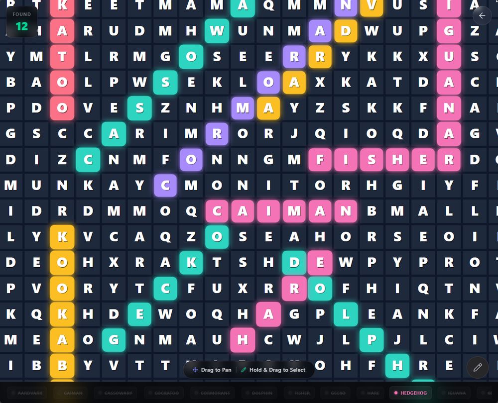 A screenshot of an endlessly scrolling word search with some words already found which are highlighted in bright colors.